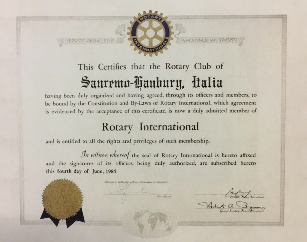 Il Rotary Club Sanremo Hanbury - La carta costitutiva